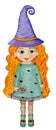Red-haired young witch in a green dress with spiders, striped stockings and green boots. With a candy cane and a purple hat