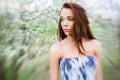 Red-haired young woman in spring orchard Royalty Free Stock Photo