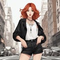 Red Haired Young Woman Standing In Front Of Street Background