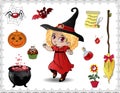 Red halloween cartoon set of objects for witches and cute witch girl on white background. Royalty Free Stock Photo