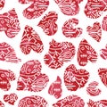 Red hand drawn watercolor hearts with tribal embellishments. Seamless vector pattern Royalty Free Stock Photo