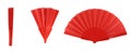 Red hand fan opening proces. Fold and unfold traditional hand fan