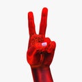 Red Hand Gesture V on a White Background. A Symbol of Freedom, Victory. Protest Symbol in Belarus.