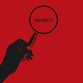 Red hand holding a magnifying glass. Concept of searching. analysis, inspection concepts. Flat cartoon style. Vector illustration Royalty Free Stock Photo