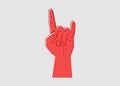 Red Hand making Devil`s horns, Rock n roll sign, line art style sign, vector isolated on white background Royalty Free Stock Photo