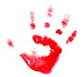 Red hand print of a child isolated on white background. Watercolor paints. Children paint traces from hands and fingers. Paint Royalty Free Stock Photo