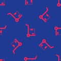 Red Hand truck and boxes icon isolated seamless pattern on blue background. Dolly symbol. Vector Royalty Free Stock Photo