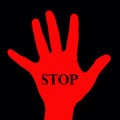 Red hand with word stop
