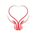 Red hands heart shape and hearts logo. Royalty Free Stock Photo