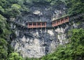 Red Hanging balcony on the cliff hanging walkway at Tianmen Mountain, The Heaven`s Gate at Zhangjiagie, Hunan Province, China, As Royalty Free Stock Photo