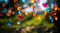 Red hanging hearts on string with bokeh lights in the background