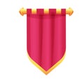 Red hanging medieval banner flag with cloth texture and golden decoration in cartoon style isolated on white background