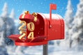 Red Happy New Year 2024 Sign in Gift Box with Christmas Mailbox or Letter Box. 3d Rendering