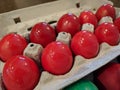 Red hard boiled Easter eggs for orthodox pascha ceremony