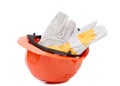 Red hard hat with leather gloves. Royalty Free Stock Photo