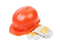 Red hard hat with leather gloves. Royalty Free Stock Photo