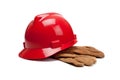 Red hard hat and leather work gloves on white Royalty Free Stock Photo