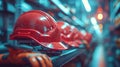 Red hard hats on a shelf in a store Royalty Free Stock Photo