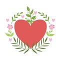 Red Hart Framed With Plants And Flowers Vector Sticker, Template St. Valentines Day Message Element Missing Text