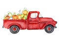 Red harvest truck with pumpkins Thanksgiving watercolor illustration Royalty Free Stock Photo