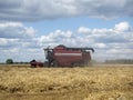 Red harvester in the summer field harvests. Combine harvester agricultural machine for collecting golden ripe wheat in the field