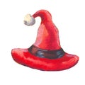 Red hat illustration. Cristmas watercolor drawing by hand. Isolated on white