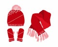 Red Hat with a Pompom, Scarf and Mitten Set Knitted Seasonal Winter Traditional Accessories with spiral ornament Royalty Free Stock Photo