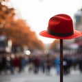 Red hat pops on pole, a standout in bustling crowd