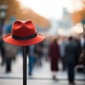 Red hat pops on pole, a standout in bustling crowd