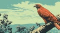 Red Hawk Perched On Branch: Graphic Design Poster Art