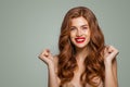 Red head girl with long and shiny curly hair. Happy surprised woman. Expressive facial expressions Royalty Free Stock Photo