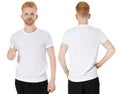Red head man t-shirt front and back view, white tshirt mock up, empty t shirt for logo