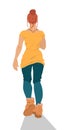 Red head woman in blue leggings, brown boots and yellow t-shirt running. Back view