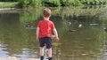 Red headed boy feeding ducks in a pond in UK Royalty Free Stock Photo