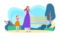 Red-headed mother and daughter enjoying ice cream in park. Woman in purple dress, child in orange, sunny day, relaxed