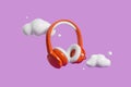 Red headphones and clouds on violet background