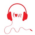 Red headphones with cord . Isolated. Love card. Royalty Free Stock Photo