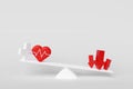 Red heart with red arrow on scale unbalanced indicates negative effects and risks to health.