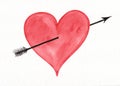 Red heart with arrow watercolor painting Royalty Free Stock Photo