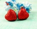 red heart as a symbol of love on Valentine\'s day on a blue wooden background, ready greeting card. A symbol of love and loyalty t Royalty Free Stock Photo