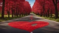 red heart in autumn park A road with a heart sign on a sunny day. The road is curved and has some trees and flowers Royalty Free Stock Photo