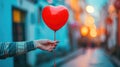 Red heart balloon held by someone on a bustling street, Ai Generated