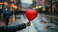 Red heart balloon held by someone on a bustling street, Ai Generated