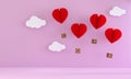 Heart balloon paper cut and love made of wood in pink room, valentine`s day concept, 3D rendering Royalty Free Stock Photo