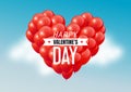 Red heart balloons in blue sky with Happy Valentines Day text, vector illustration Royalty Free Stock Photo