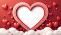 Red heart balloons float around large empty heart frame. Soft clouds below frame, bright red background. Romantic holiday graphic Royalty Free Stock Photo