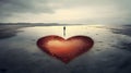 Red heart on the beach around the spilled water, silhouette of a man. Heart as a symbol of affectionlove Royalty Free Stock Photo