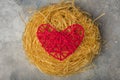 Red heart in a bird`s nest. The theme of love, family and the day of the holy valentine. View from above. Royalty Free Stock Photo