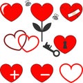 Red heart in different options on a white background. Design elements for Valentine`s day.