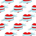 Red heart with blue ribbon. Colored doodle as seamless pattern